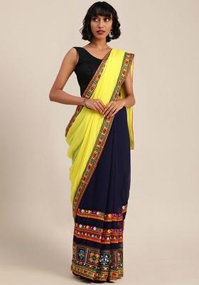 Navy Blue Embroidered Blended Saree Set