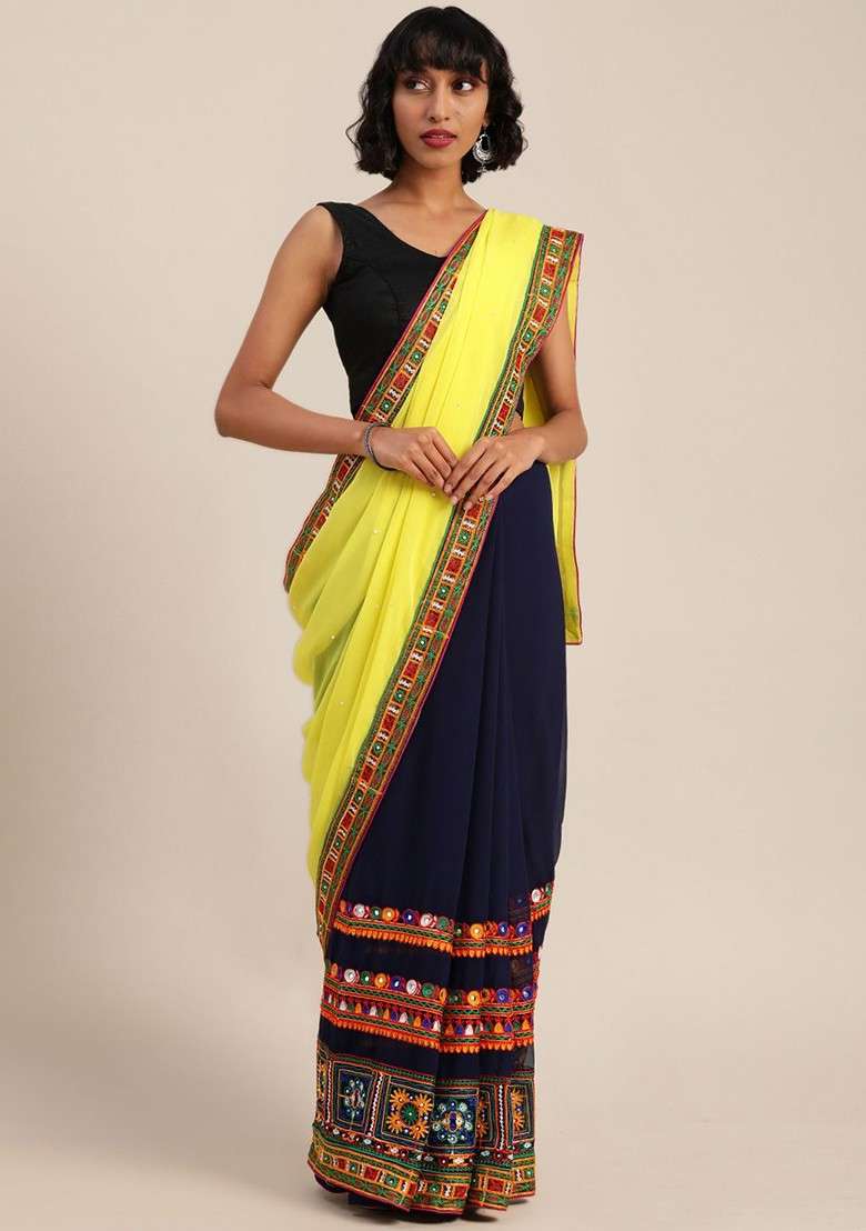 Navy Blue Blended Saree Set with Embroidered for Diwali | Wedding & Festive Wear - Indya