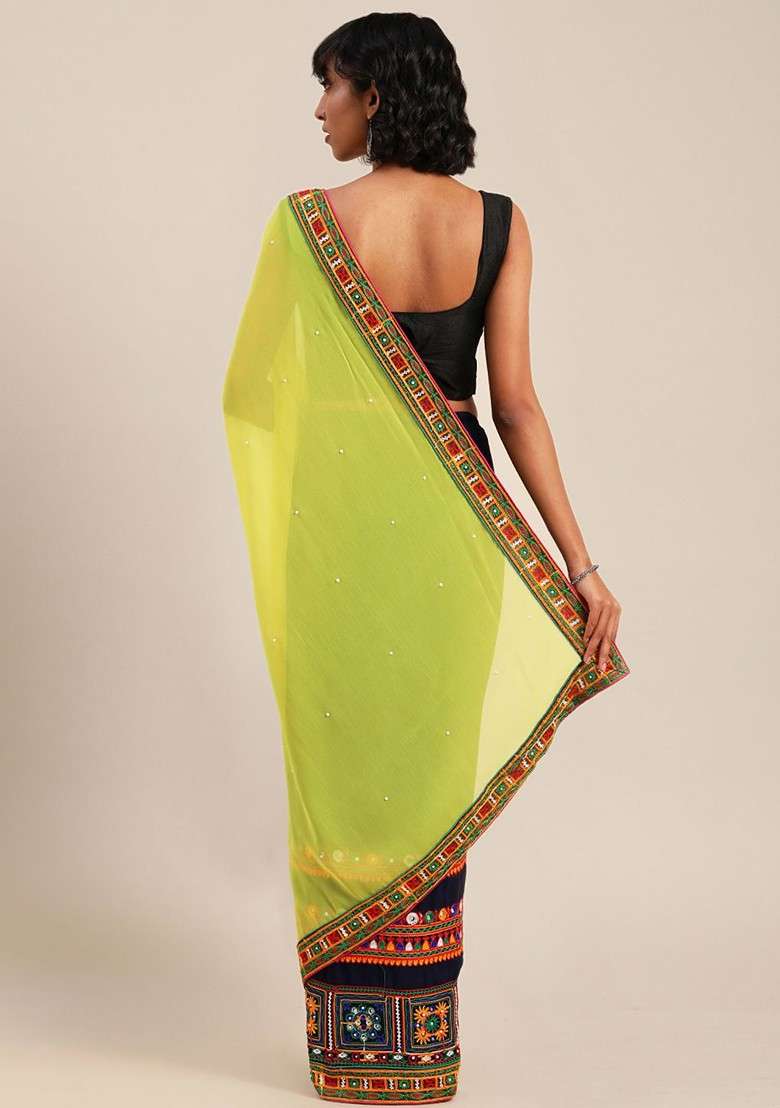 Navy Blue Blended Saree Set with Embroidered for Diwali | Wedding & Festive Wear - Indya