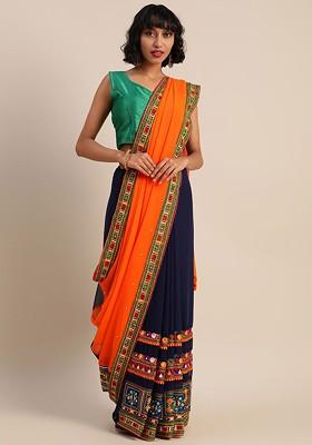 Navy Blue Embroidered Blended Saree Set
