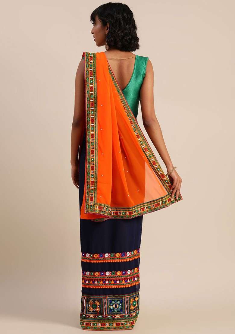 Navy Blue Embroidered Blended Saree Set for Diwali and Festive Wear - Indya