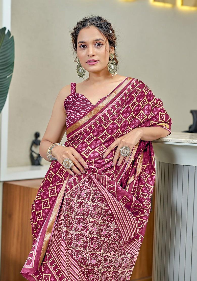 Pink Bagru Printed Blended Saree Set