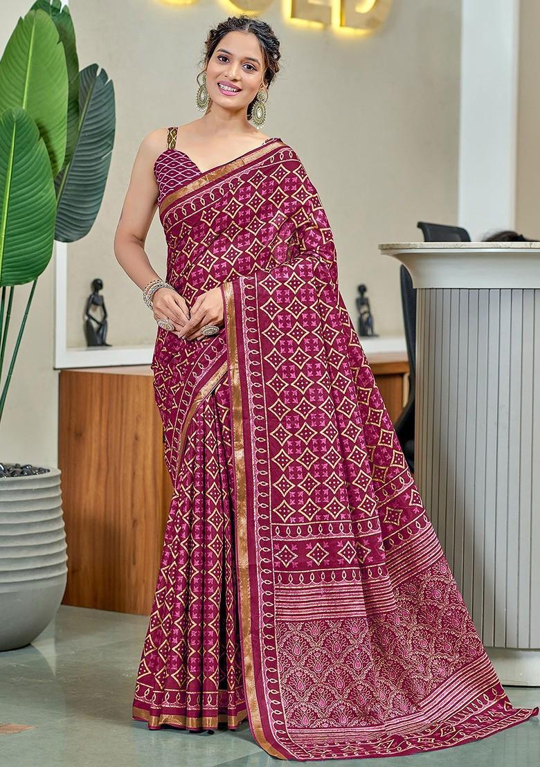 Pink Bagru Printed Blended Saree Set