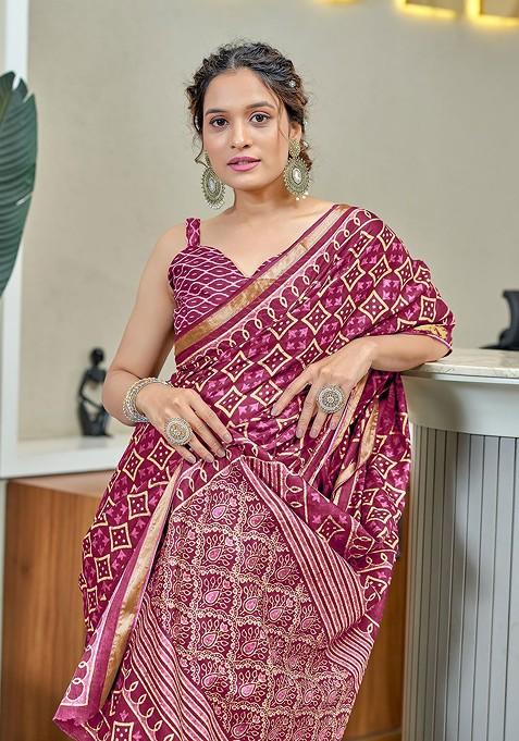 Pink Bagru Printed Blended Saree Set