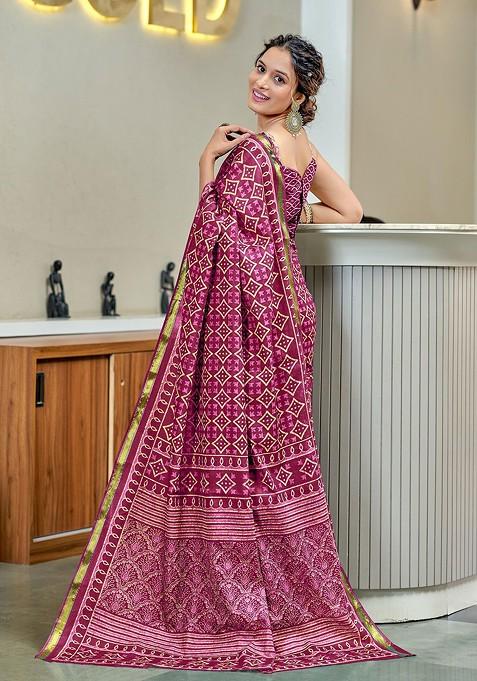 Pink Bagru Printed Blended Saree Set
