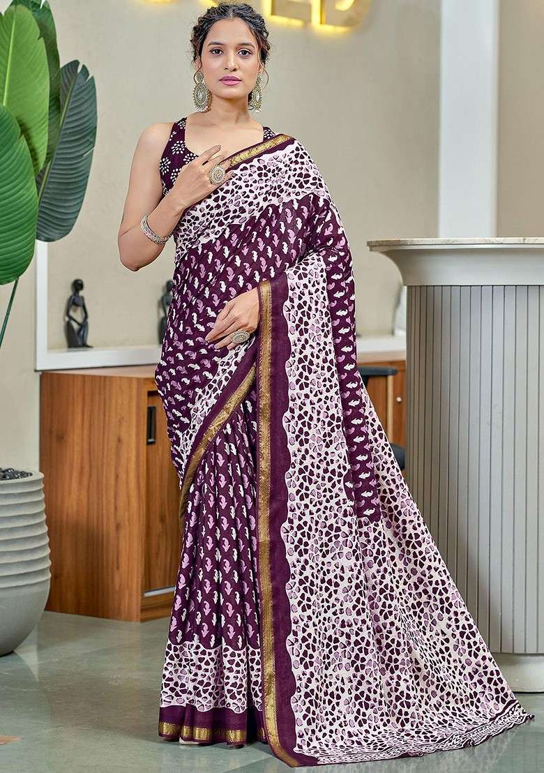 Purple Bagru Printed Blended Saree Set for Diwali and Festive Wear - Indya