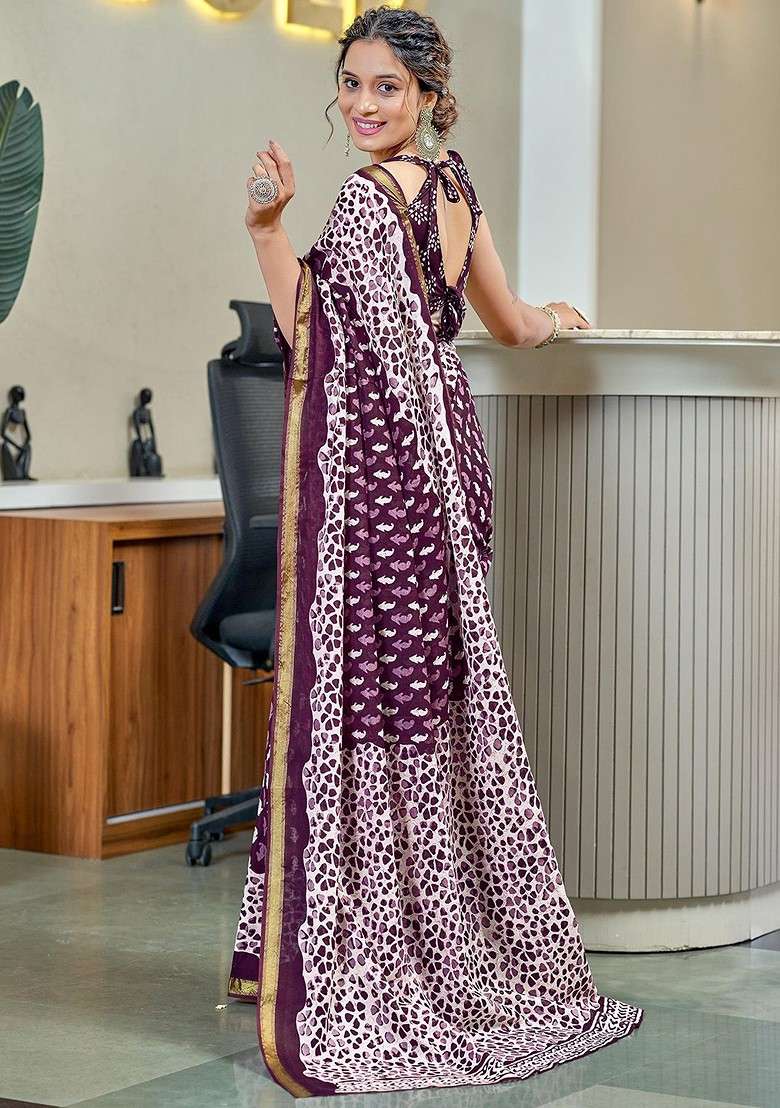 Purple Bagru Printed Blended Saree Set for Diwali and Festive Wear - Indya