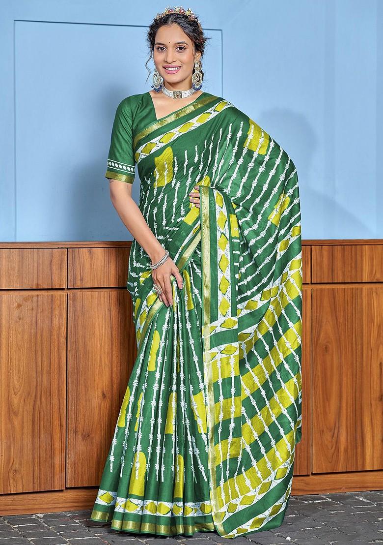 Green Bagru Printed Blended Saree Set