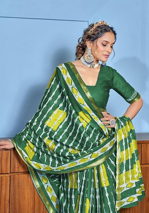 Green Bagru Printed Blended Saree Set