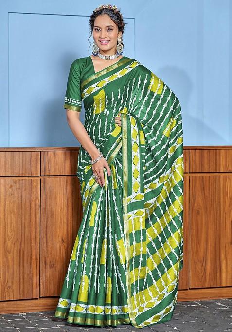Green Bagru Printed Blended Saree Set