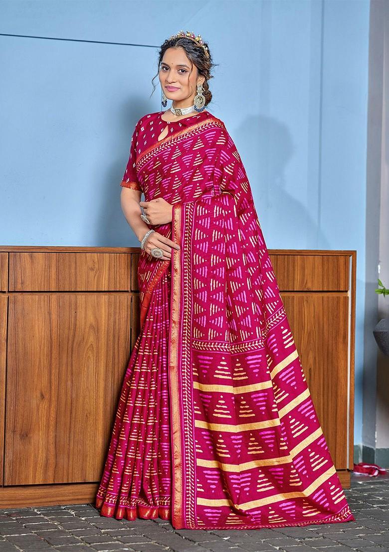 Pink Bagru Printed Blended Saree Set