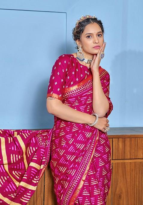 Pink Bagru Printed Blended Saree Set
