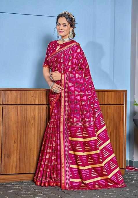 Pink Bagru Printed Blended Saree Set