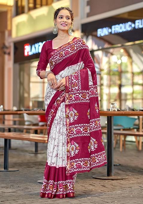 Pink Bagru Printed Blended Saree Set