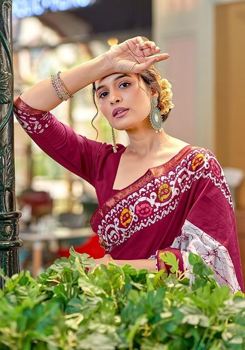 Pink Bagru Printed Blended Saree Set