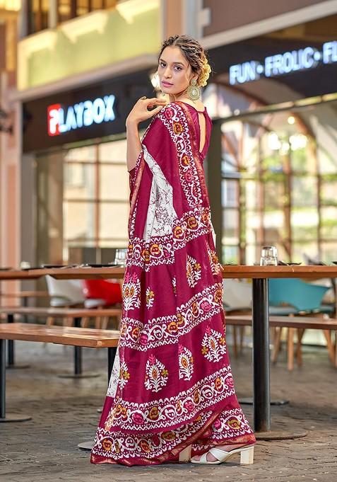 Pink Bagru Printed Blended Saree Set