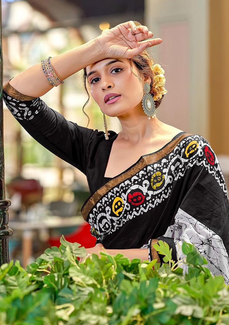 Black Bagru Printed Blended Saree Set