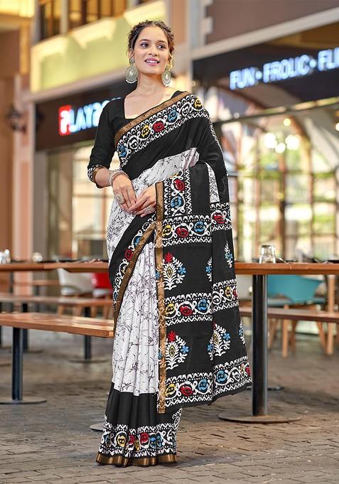 Black Bagru Printed Blended Saree Set