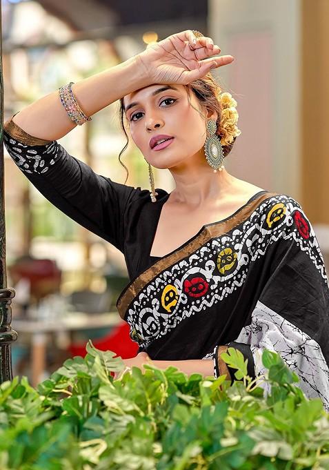 Black Bagru Printed Blended Saree Set