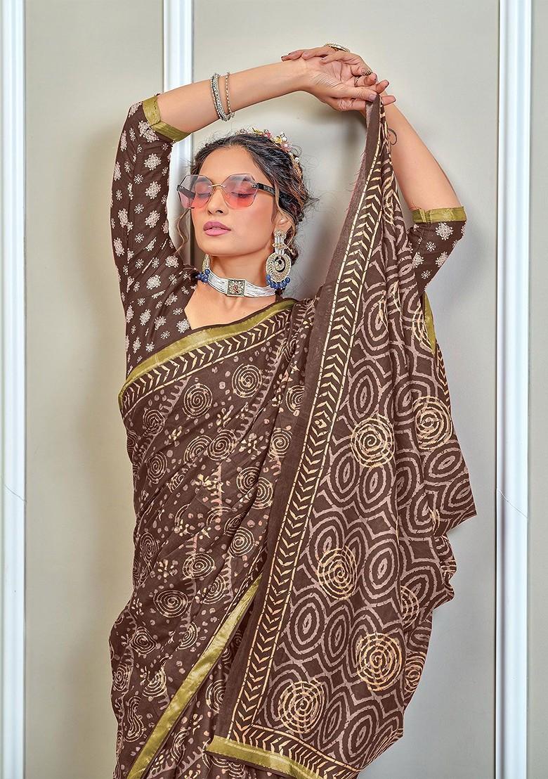 Brown Bagru Printed Blended Saree Set