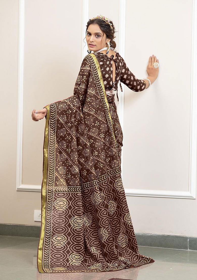 Brown Bagru Printed Blended Saree Set