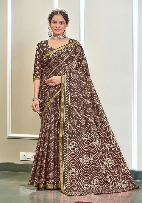 Brown Bagru Printed Blended Saree Set
