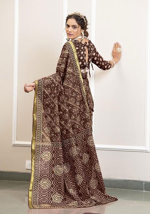 Brown Bagru Printed Blended Saree Set