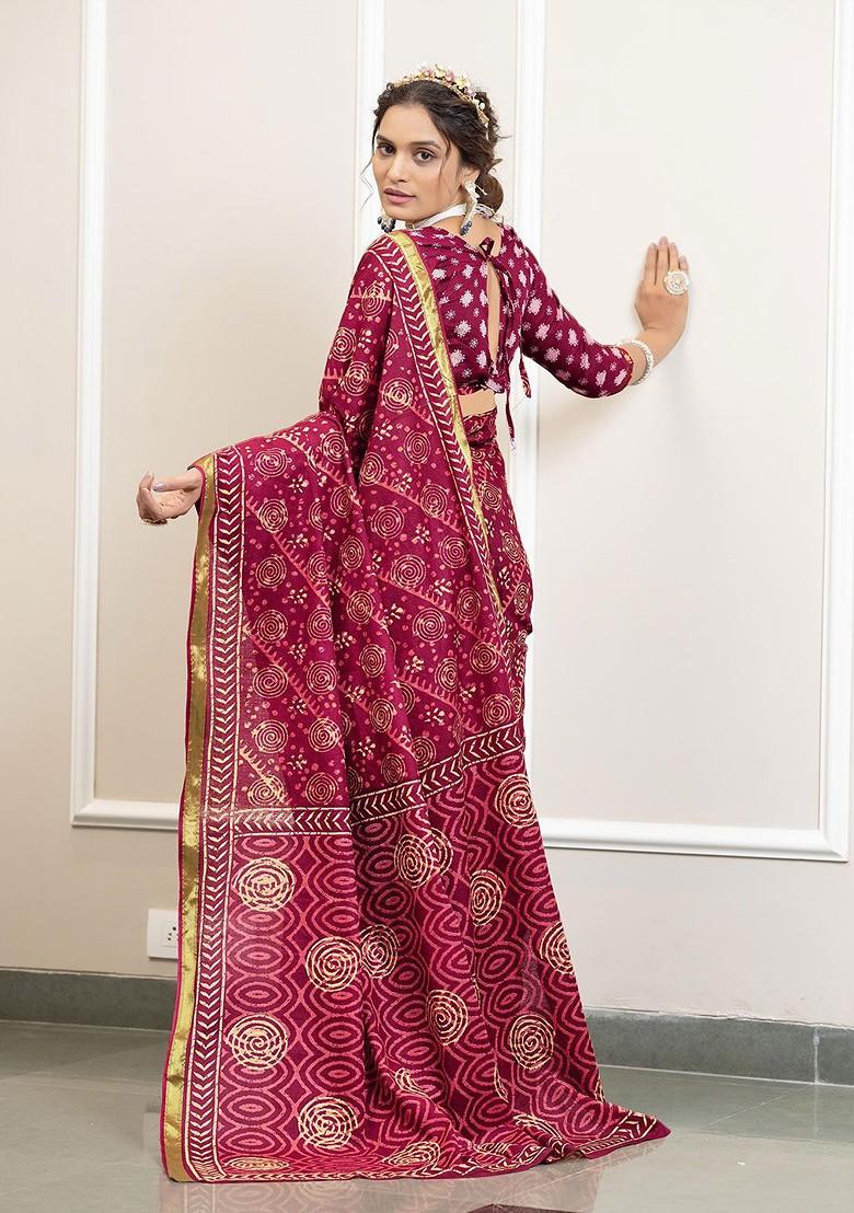 Pink Bagru Printed Blended Saree Set