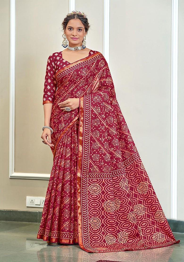 Pink Bagru Printed Blended Saree Set