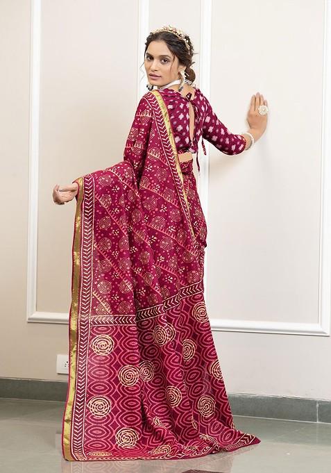 Pink Bagru Printed Blended Saree Set