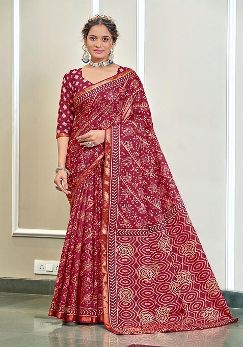 Pink Bagru Printed Blended Saree Set