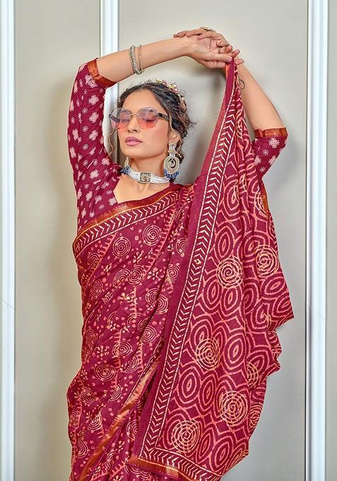 Pink Bagru Printed Blended Saree Set