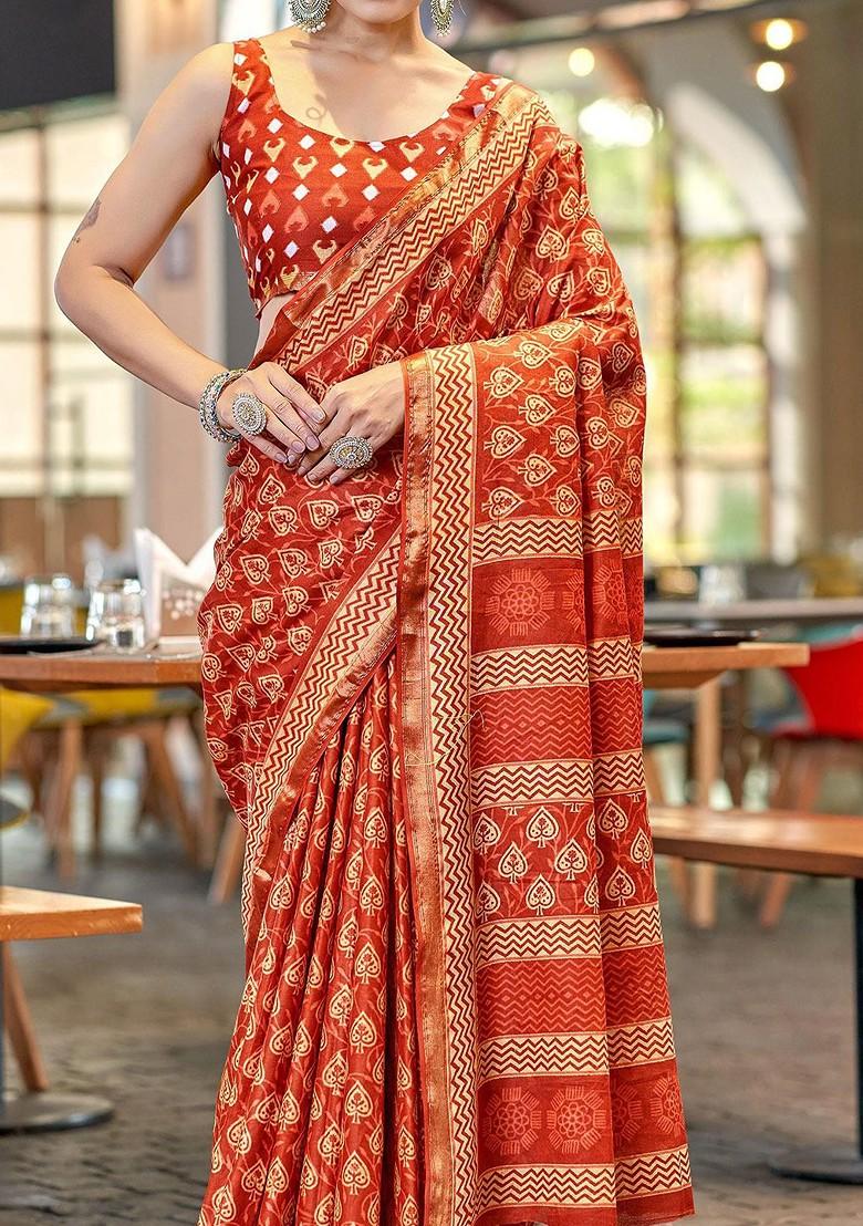 Red Bagru Printed Blended Saree Set