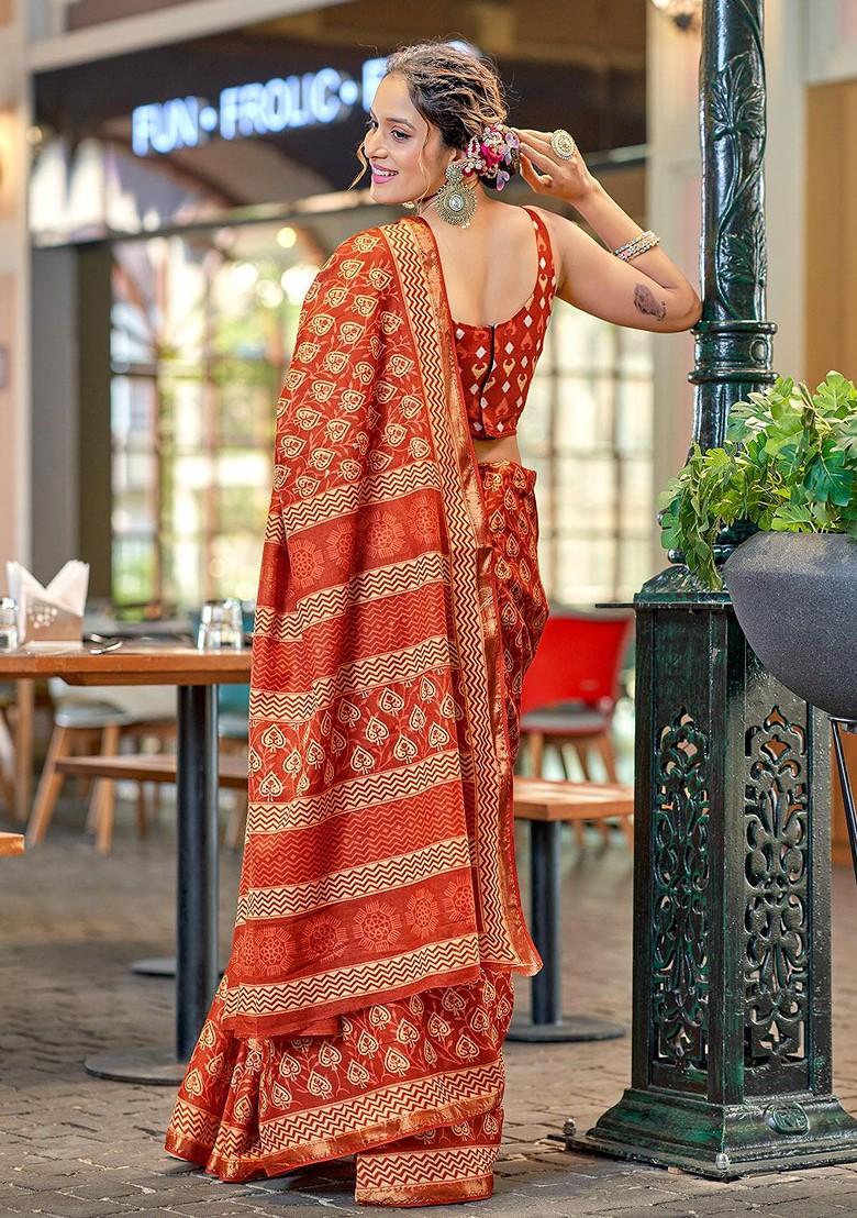 Red Bagru Printed Blended Saree Set