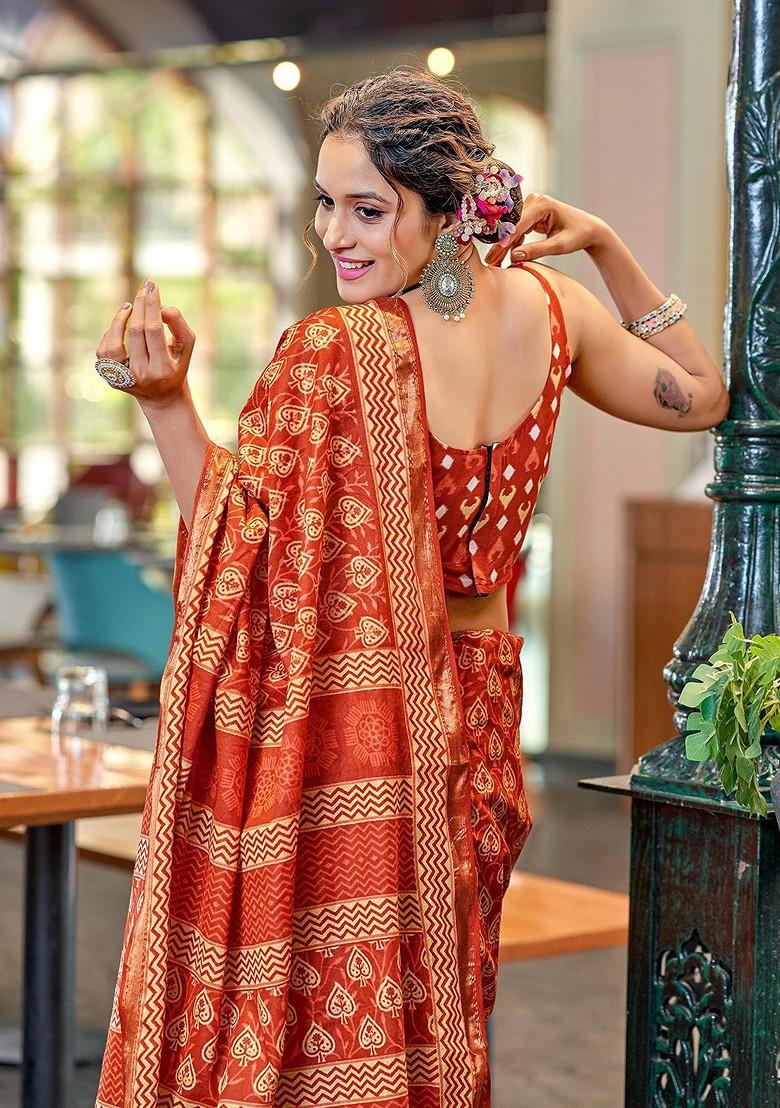 Red Bagru Printed Blended Saree Set