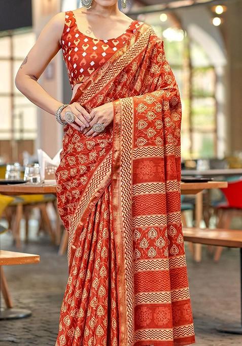Red Bagru Printed Blended Saree Set