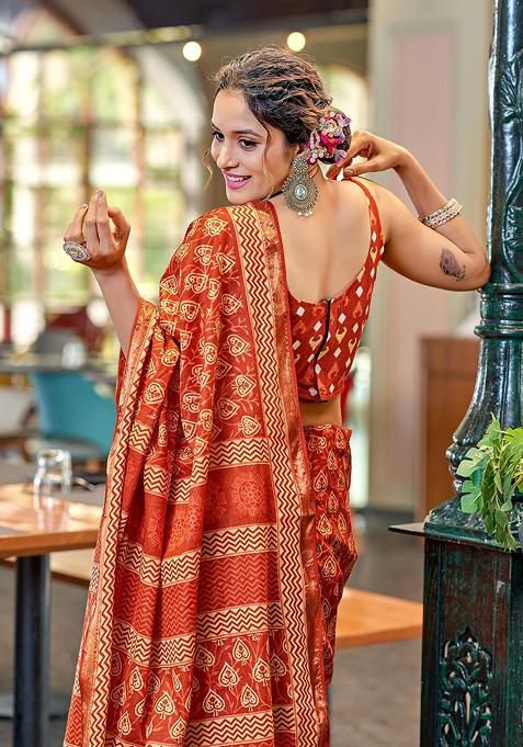 Red Bagru Printed Blended Saree Set