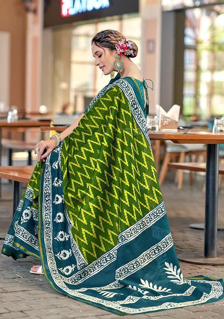 Green Bagru Printed Blended Saree Set