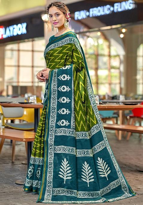Green Bagru Printed Blended Saree Set