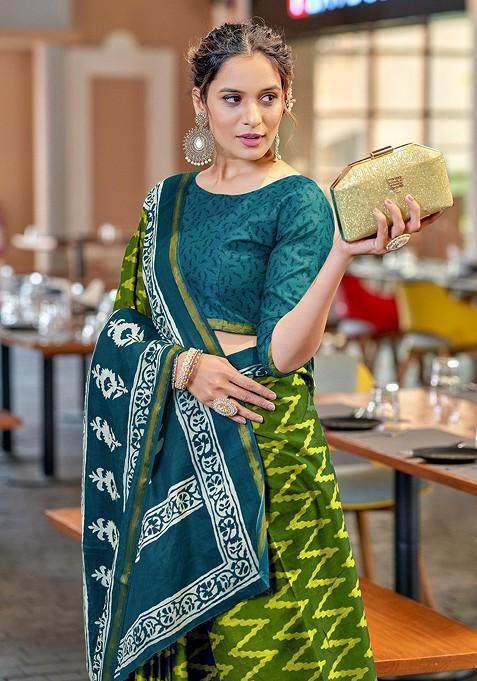 Green Bagru Printed Blended Saree Set