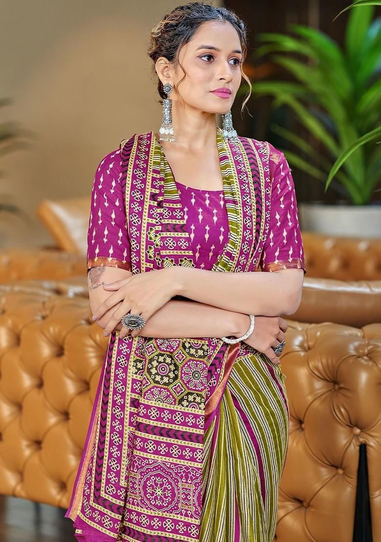 Green Bagru Printed Blended Saree Set