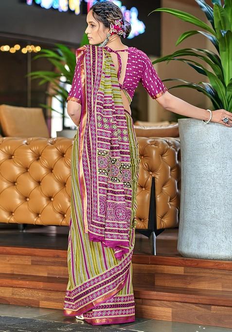 Green Bagru Printed Blended Saree Set