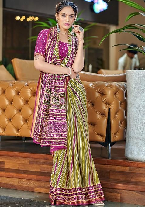 Green Bagru Printed Blended Saree Set