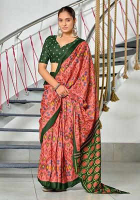 Peach Printed Blended Saree Set