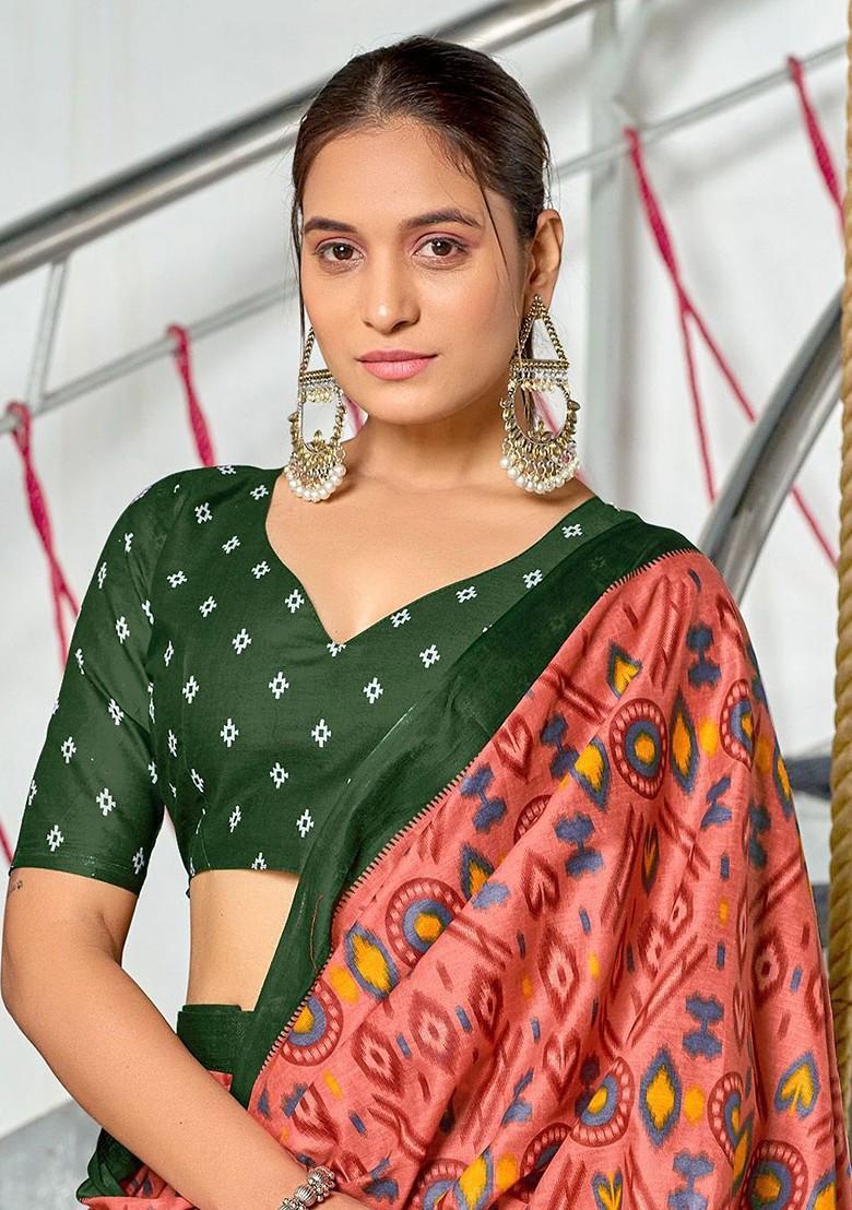 Peach Printed Blended Saree Set