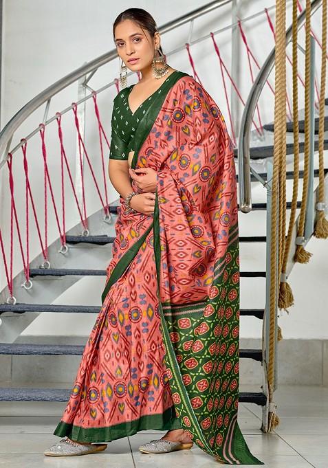 Peach Printed Blended Saree Set