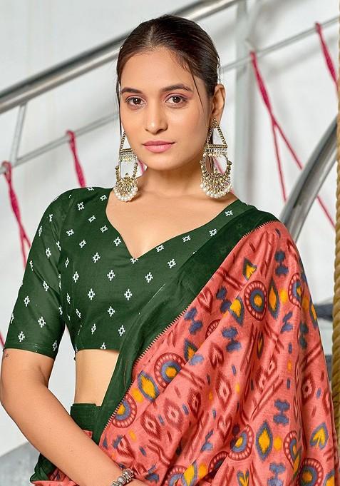 Peach Printed Blended Saree Set