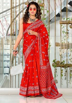 Red Printed Blended Saree Set