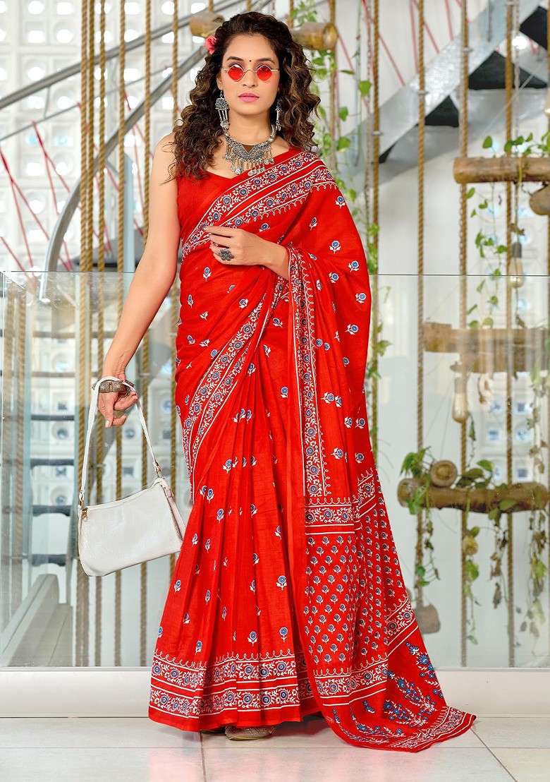 Red Blended Saree Set with Printed for Diwali | Wedding & Festive Wear - Indya