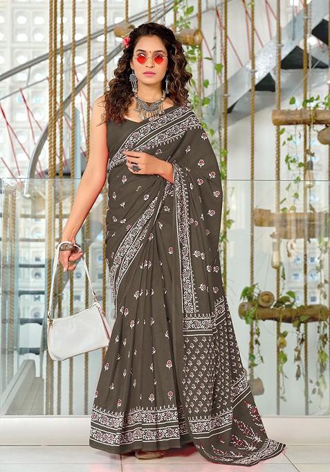 Charcoal Embroidered Blended Saree Set — view on Indya